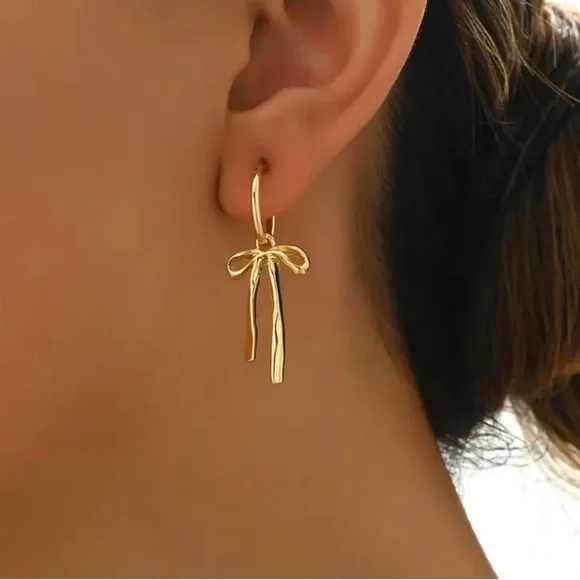 NEW Coquette bow dangle drop earrings coquette trendy bow jewelry gold - Picture 3 of 5